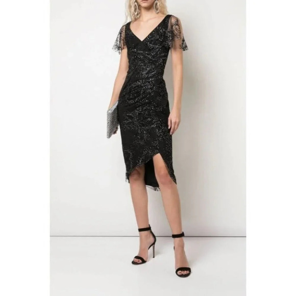 NWT Marchesa Notte Black Lace V-Neck Flocked Midi Dress $495 - Picture 2 of 7